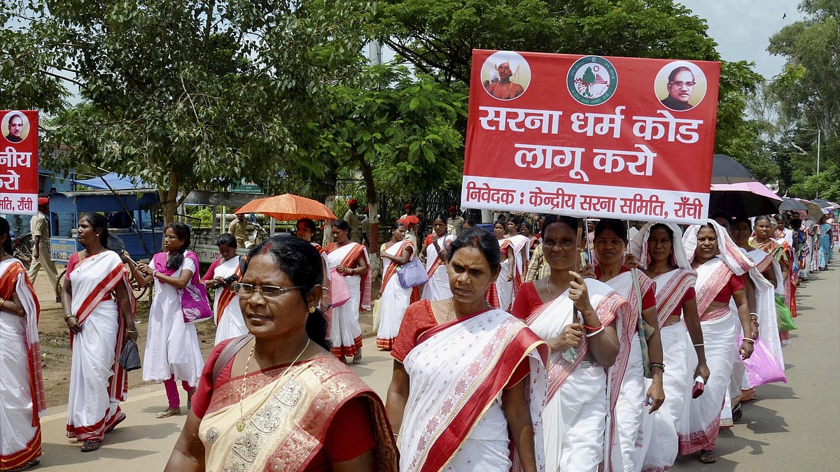 Representative image of tribal people demanding a separate code for Sarna religion in Ranchi, Jharkhand (Photo: National Herald archives)