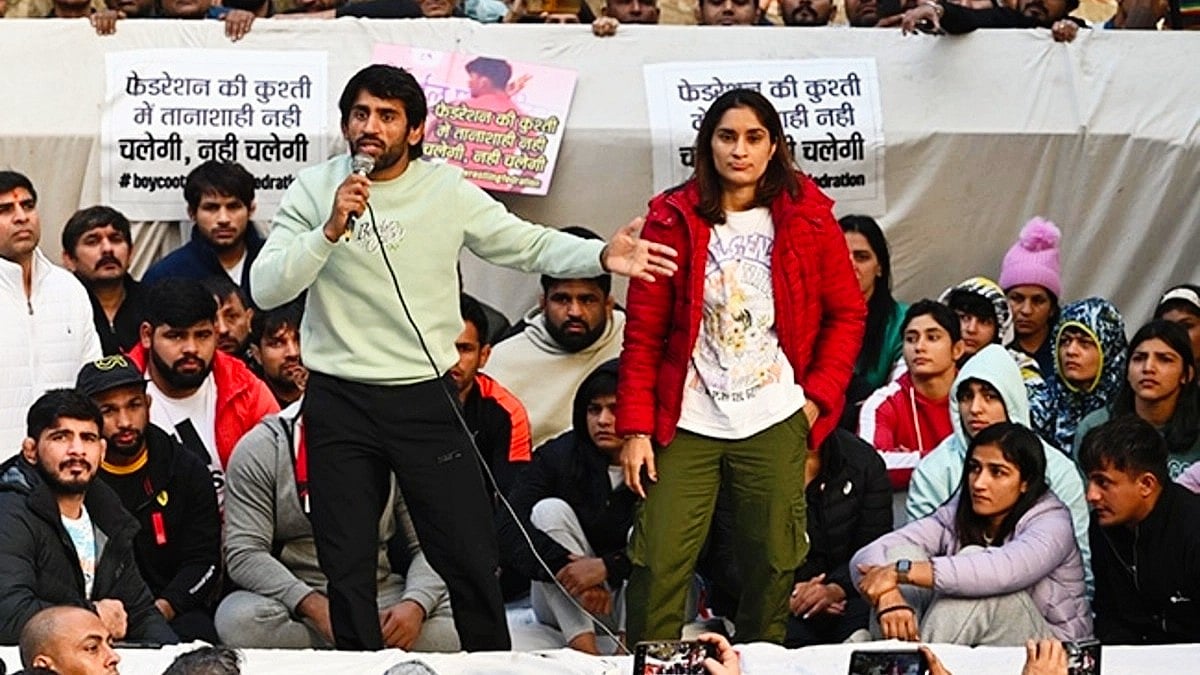 Bajrang Punia (left) and Vinesh Phogat at the wrestlers' protest in New Delhi earlier this year (photo: National Herald archives)