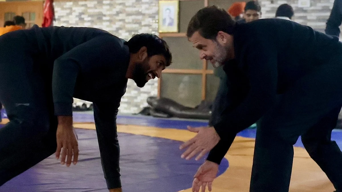 Wrestler Bajrang Punia (left) and Rahul Gandhi (right) (Photo: @Politics_2022_/X)