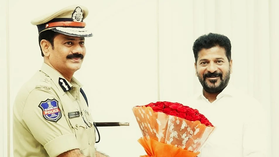 Newly appointed Hyderabad police commissioner K Srinivasa Reddy with chief minister Revanth Reddy (photo: @TelanganaCMO/X)