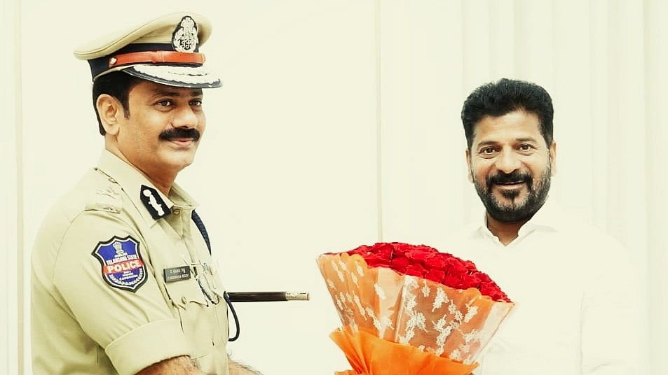 Newly appointed Hyderabad police commissioner K Srinivasa Reddy with chief minister Revanth Reddy (photo: @TelanganaCMO/X)