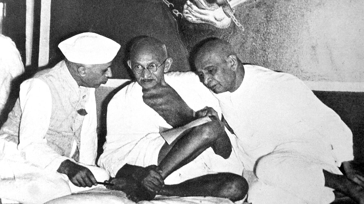 Mahatma Gandhi with Jawaharlal Nehru and Vallabhbhai Patel