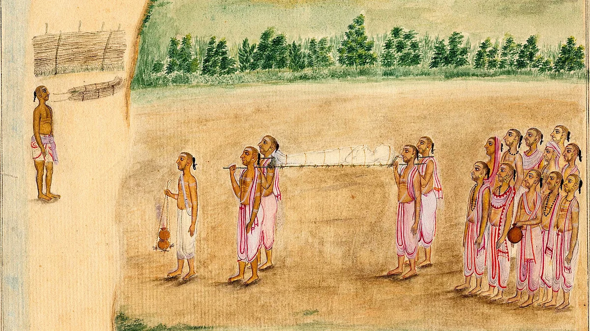 An 1820 painting by an unknown artist shows a Hindu funeral procession in southern India (photo: Wikipedia)