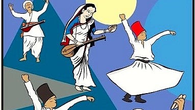 The page for January 2024, illustrated by Uttam, pays homage to the Bhakti and Sufi movements