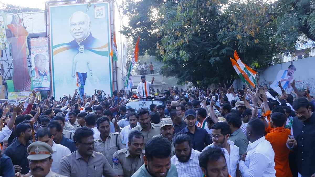 The Congress victory procession in Hyderabad on Sunday, 3 Dec.