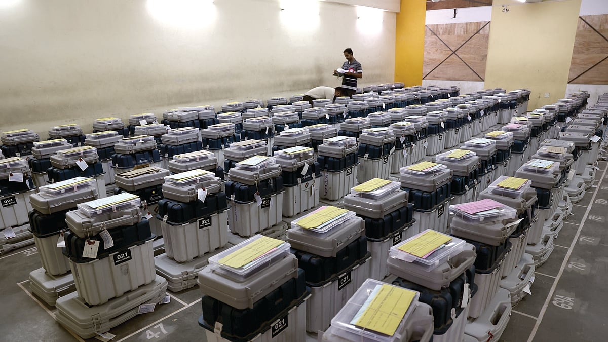 Electronic voting machines (EVMs) in a strongroom after polling