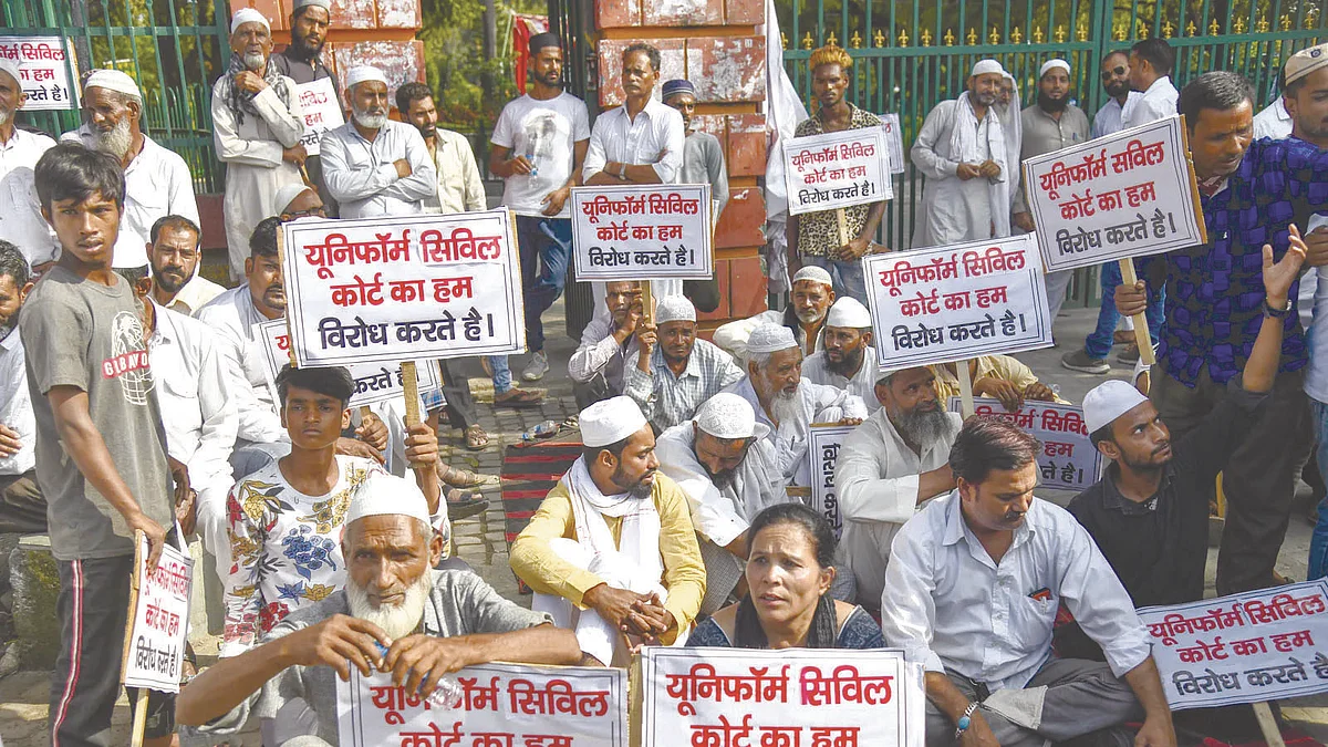 Muslims protest against the proposed uniform civil code, in Dehradun, state capital of Uttarakhand.