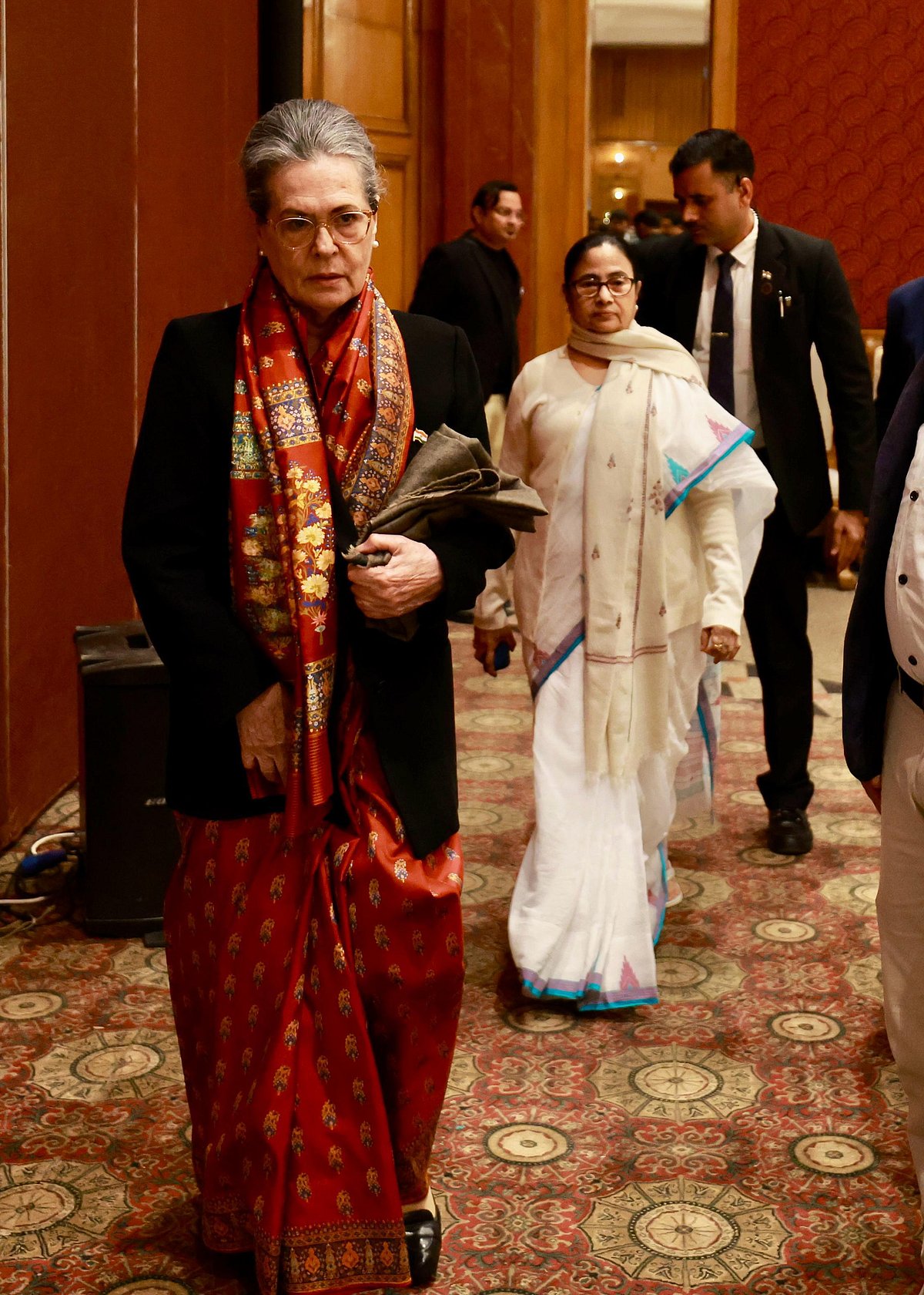 West Bengal chief minister Mamata Banerjee of the Trinamool Congress (right, mid distance), preceded by Congress leader Sonia Gandhi at the meeting (photo: INC)