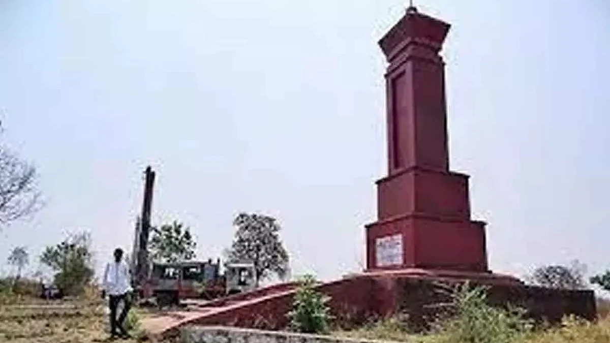 The martyrs’ column, a red-painted structure with a hammer and sickle symbol at the top, was built in memory of tribal people killed in police firing on April 20, 1981. (Photo: IANS)