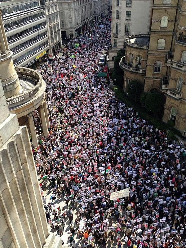 The London protest march for Palestine near the BBC office, captured from the roof of the building (photo courtesy @usmi_sargodhian/X)