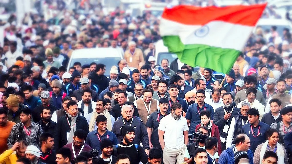 There is an apparent correlation between Rahul Gandhi’s approval rating after his Bharat Jodo Yatra and the Congress' vote percentage in the states he walked through (photo: @onemevinod/X)