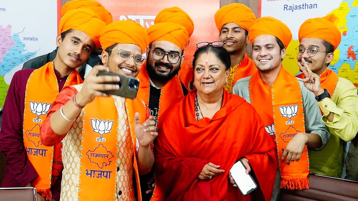 Vasundhara Raje with supporters following the BJP's assembly election victory in Rajasthan (photo: @VasundharaBJP/X)