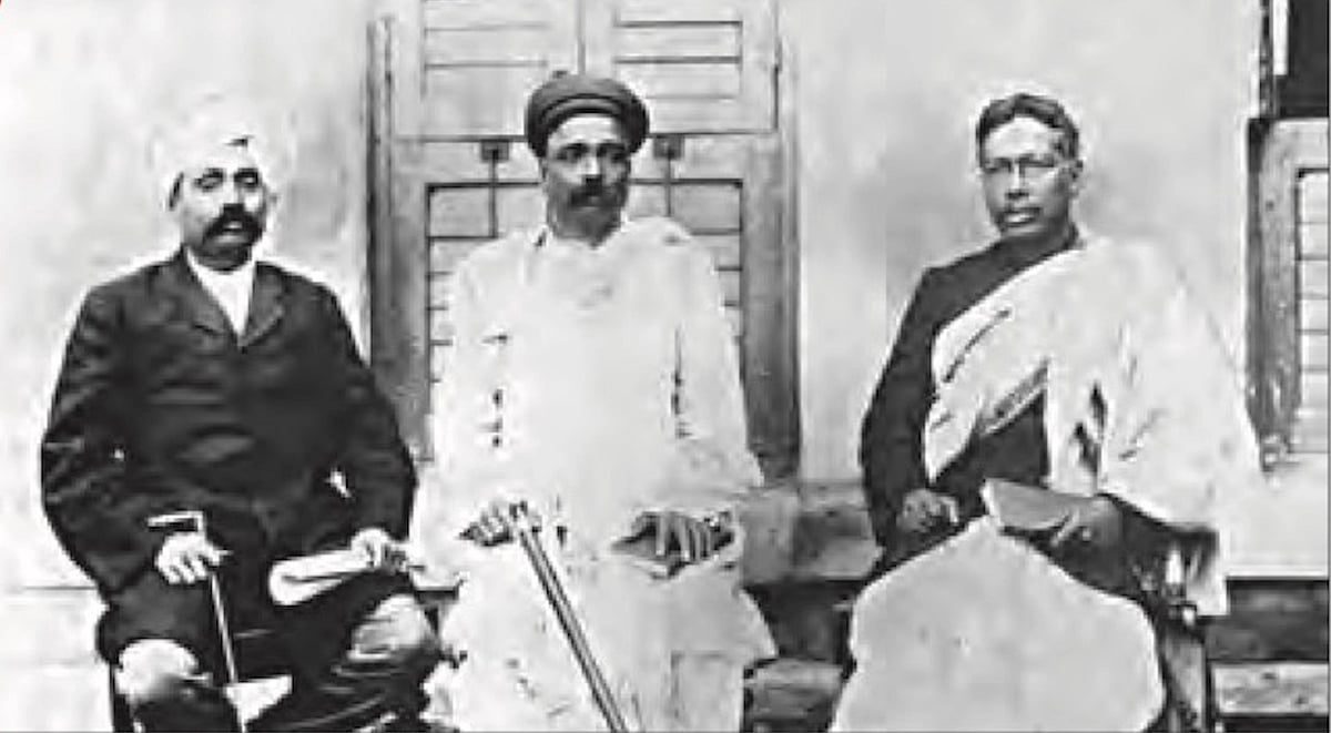 1906: The Congress—here represented by the iconic Lal Bal Pal trio—adopts the Swaraj resolution in its Calcutta session. Lal = Lala Lajpat Rai; Bal = Bal Gangadhar Tilak; Pal = Bipin Chandra Pal (photo: National Herald archives)