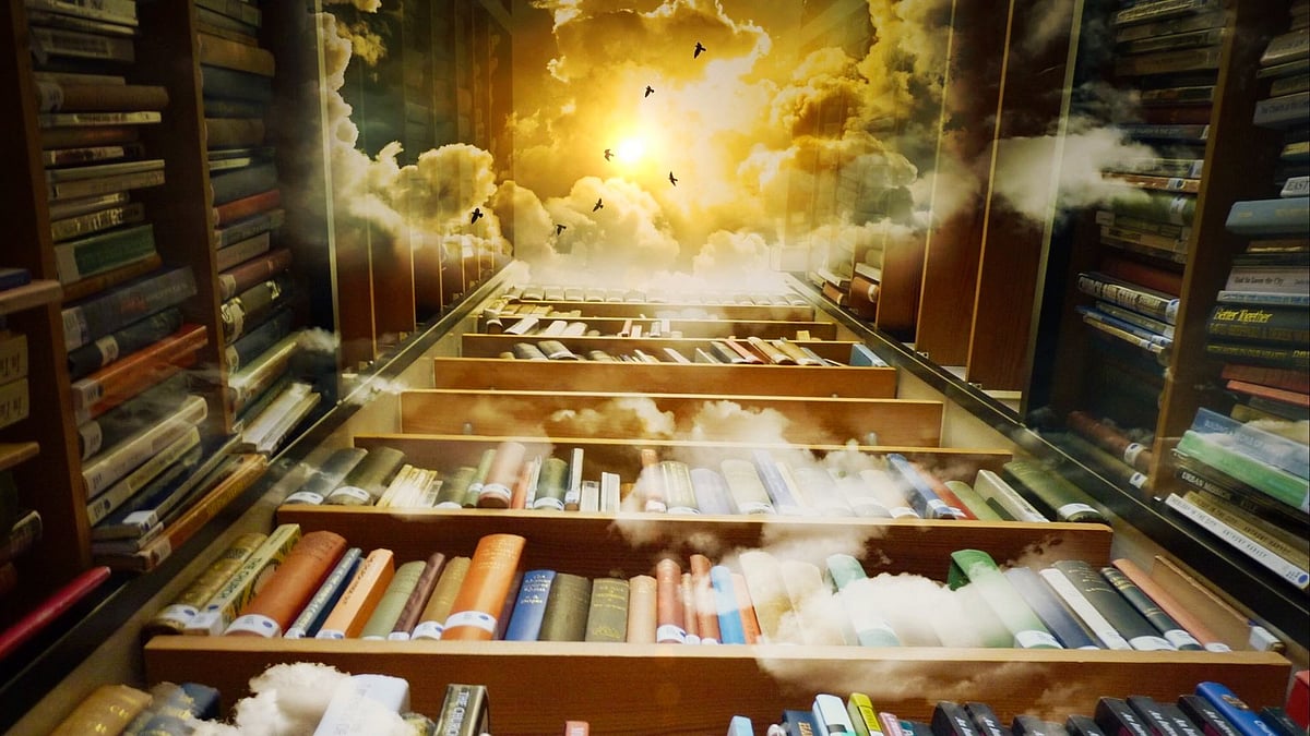 The universe of books (representative image of bookshelves climbing into the clouds, with birds against the sun visible at the top)