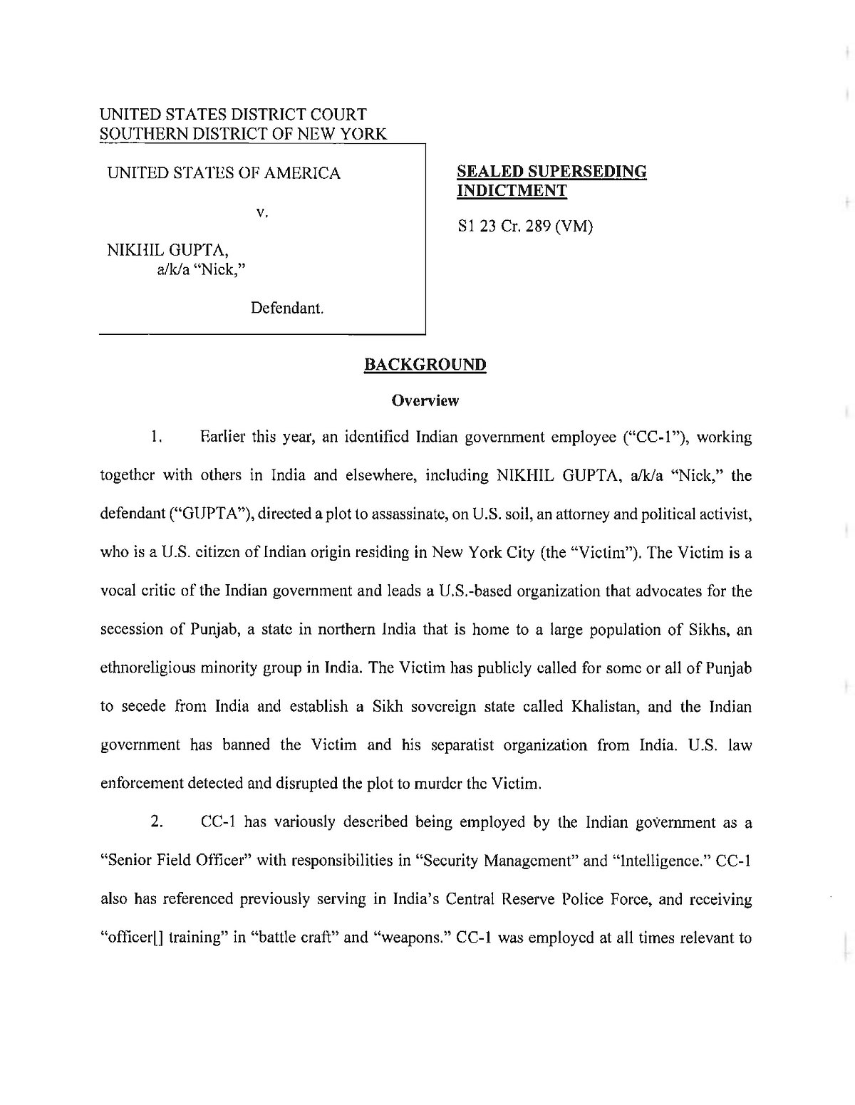 Pages from the chargesheet filed in a US court against Nikhil Gupta. 