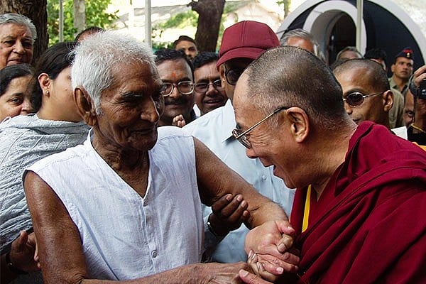Baba Amte with the Dalai Lama during the latter's visit to Anandwan in 1990 (photo: anandwan.in)