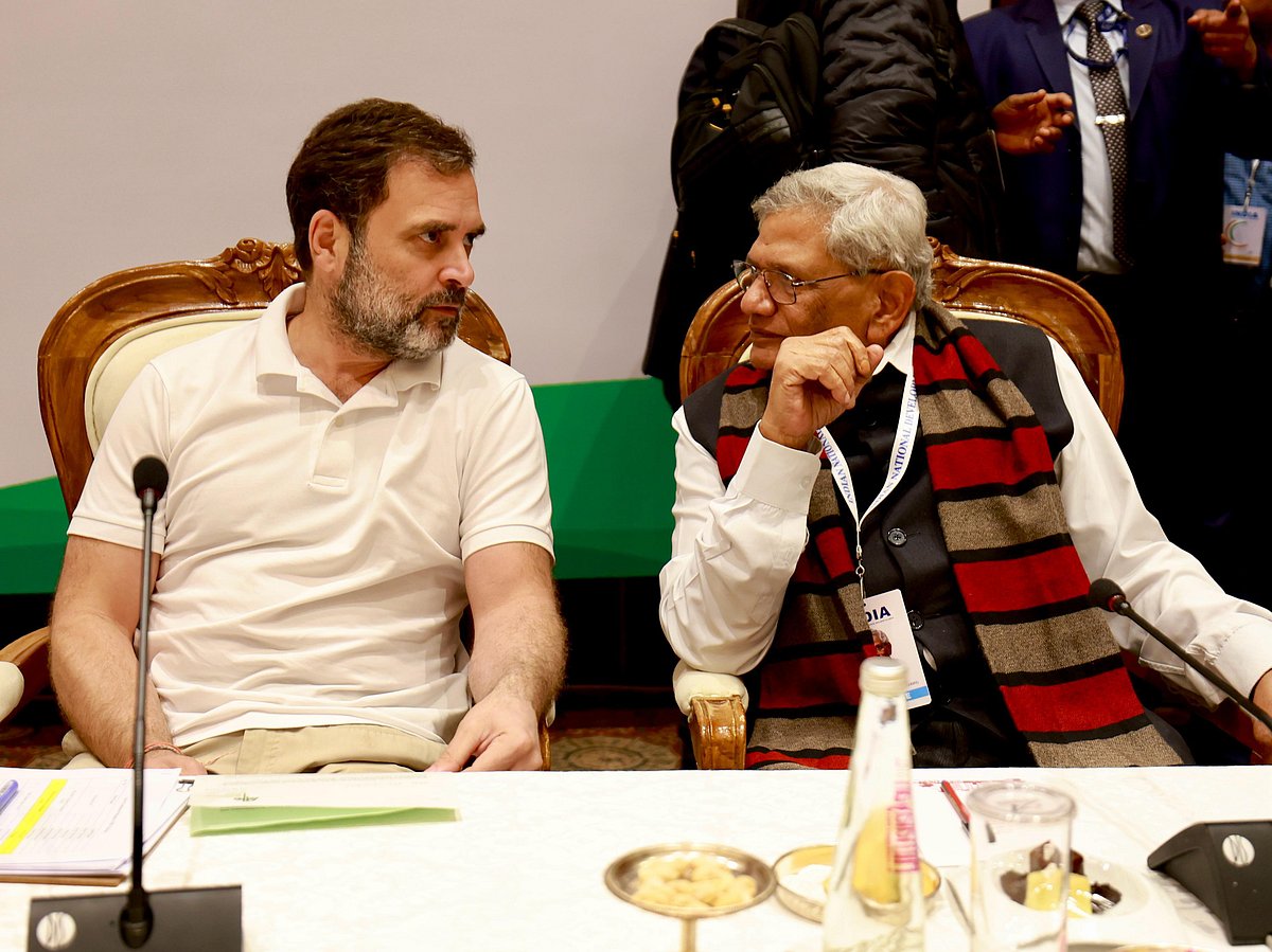 CPM general secretary Sitaram Yechury (right) talking to Congress leader Rahul Gandhi (photo courtesy the Indian National Congress)
