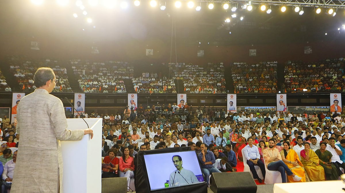 Uddhav Thackeray addressing the Janata Nyayalaya (photo: @ShivSenaUBT_/X)