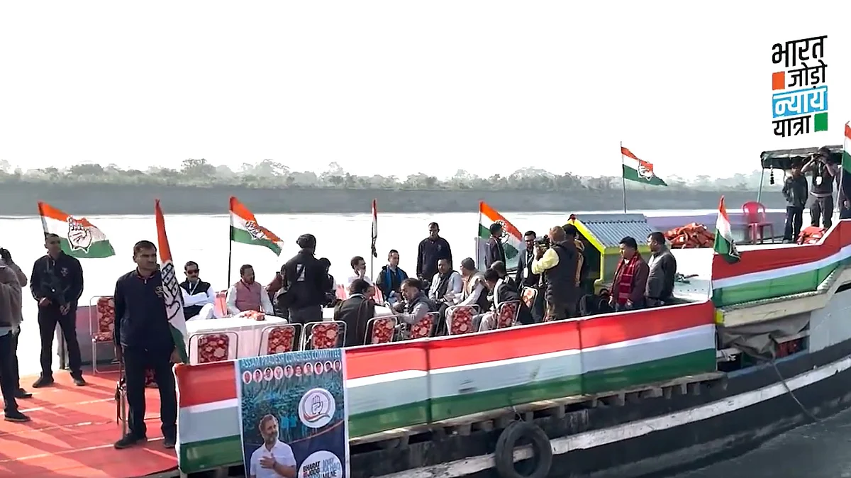 Several boats took Rahul Gandhi along and key leaders of the party from Nimatighat in Jorhat district to Aphalamukh Ghat in Majuli district (screen grab from : @INCIndia/X)