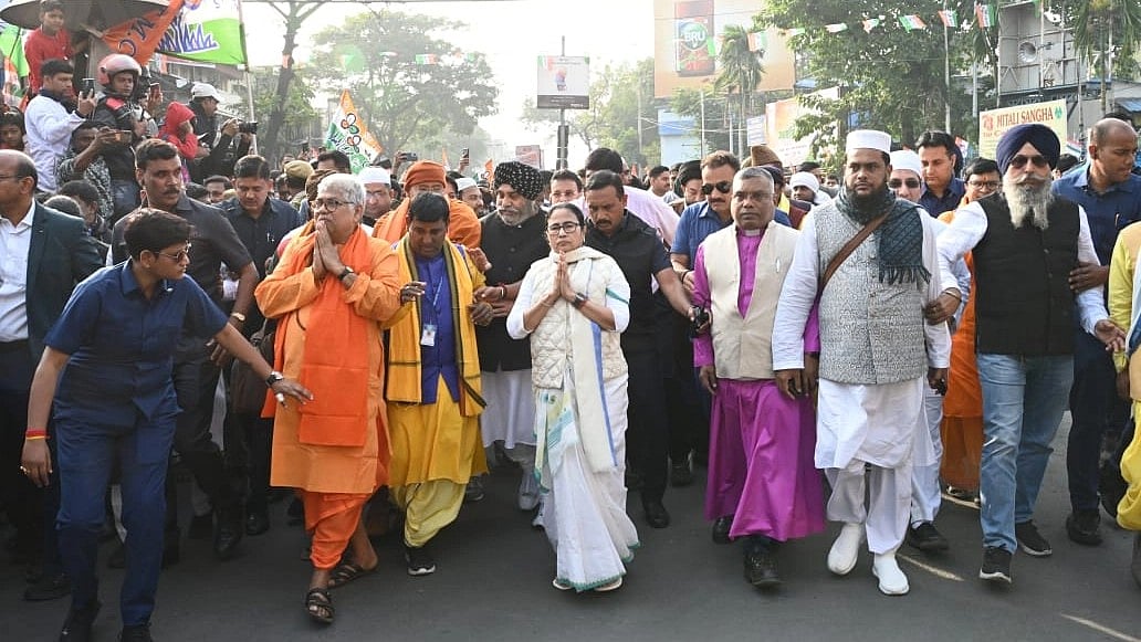 Chief minister Mamata Banerjee led an all-faith rally in Kolkata on Monday (photo: @AITCofficial/X)