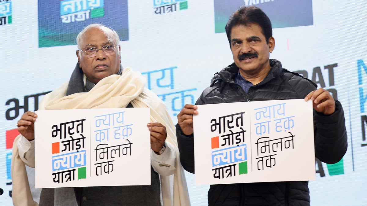 Congress president Mallikarjun Kharge unveiled the logo and tagline for Rahul Gandhi's upcoming Bharat Jodo Nyay Yatra (photo: INC)