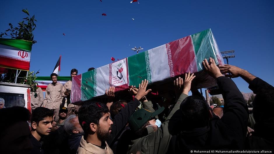 Mourners in Kerman, Iran, carry the coffin of one of the civilians killed in the terror attack on 3 January 2023. Reports said 30 of the victims were children, and nine were 10 years old or younger (photo: DW)  
