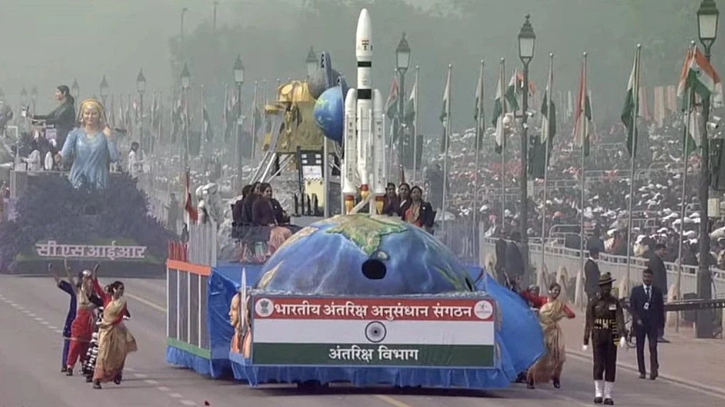 ISRO's Republic Day parade tableau (pictured) showcased Chandrayaan-3's lunar landing near the Moon's south pole and the Aditya L-1 mission studying the Sun. (photo: @AkashvaniAIR/X)