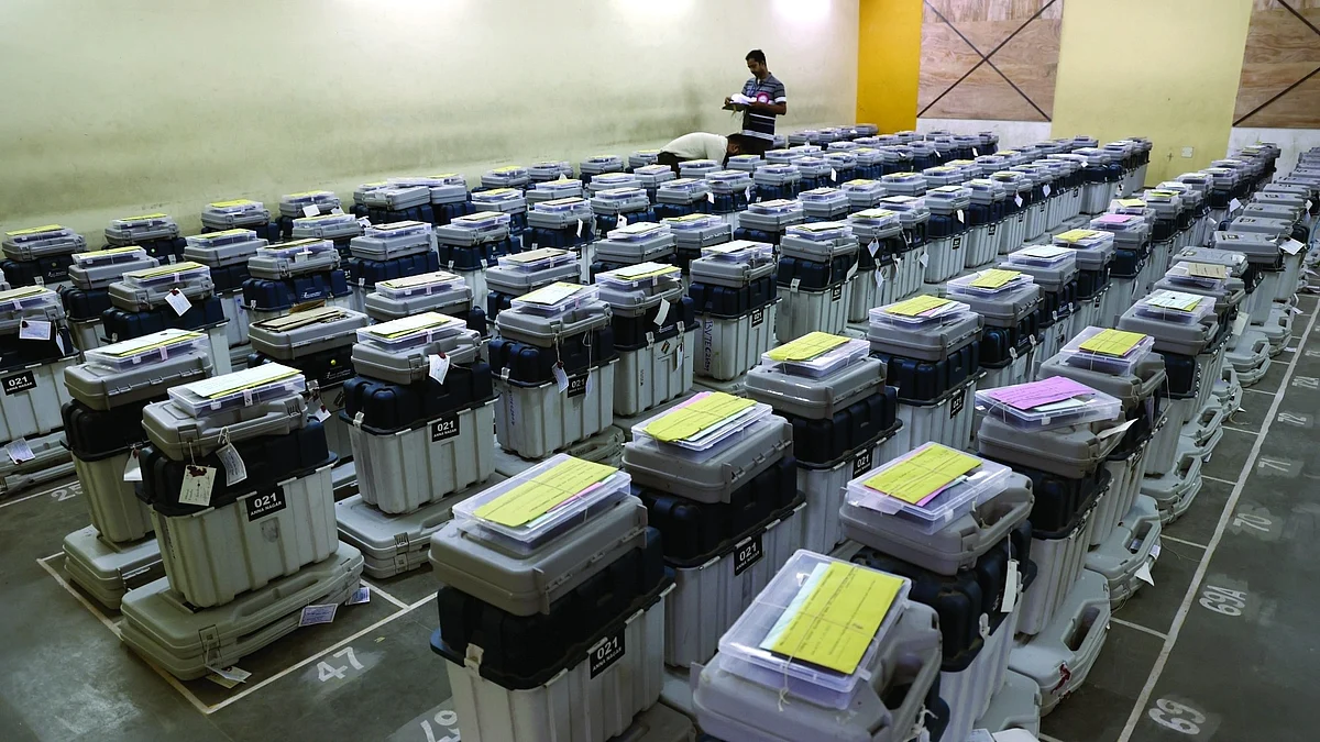 Electronic voting machines (EVMs) in a strongroom after polling (photo: National Herald archives)