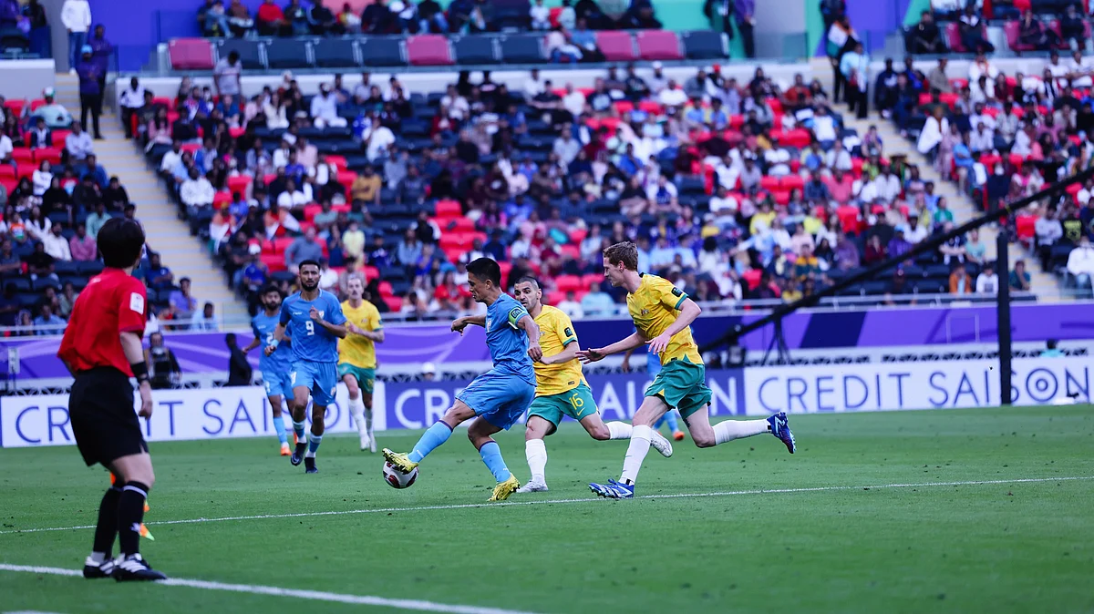 Sandesh Jhingan (left) and Sunil Chhetri in action against Australia on Saturday (photo: AIFF)
