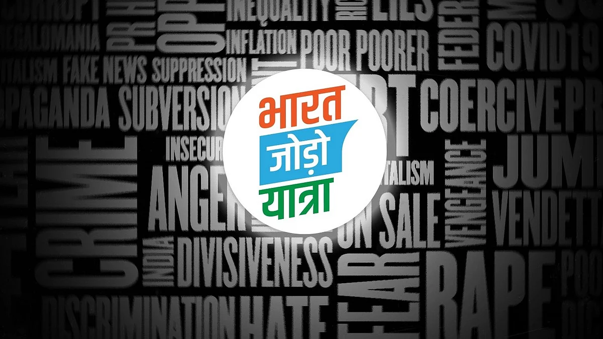 What can be a new mantra for India? Representative image shows a Bharat Jodo Yatra logo over a text collage showing: inflation, poorer, inequality, suppression, subversion, propaganda, jumla, coercive, divisiveness, hate, discrimination etc
