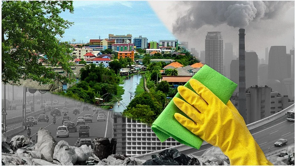 Can we really scrub the air clean in our cities? Representative image shows a rubber-gloved hand wiping the image of a smoggy collage of urban scenes in B&W to reveal a clean, green city block with a canal in colour (photo: DW) 