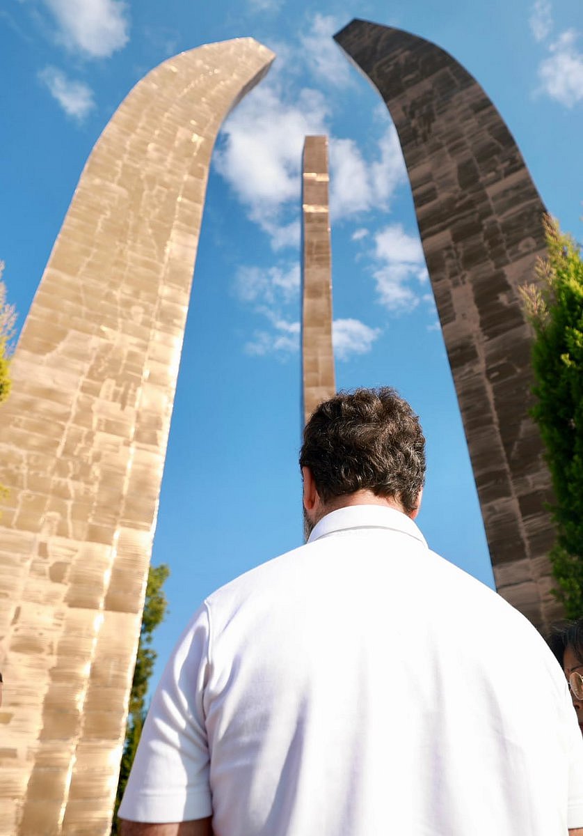 Rahul Gandhi at the Khongjom War Memorial ahead of the Bharat Jodo Nyay Yatra. Honouring the martyrs of the Anglo-Manipuri war of 1891, it boasts the tallest sword sculpture (photo: @INCindia/X)
