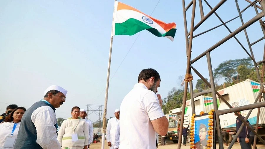 Rahul Gandhi offered floral tributes before a garlanded photograph of Netaji at the campsite in Meghalaya. (photo: @RahulGandhi/X)