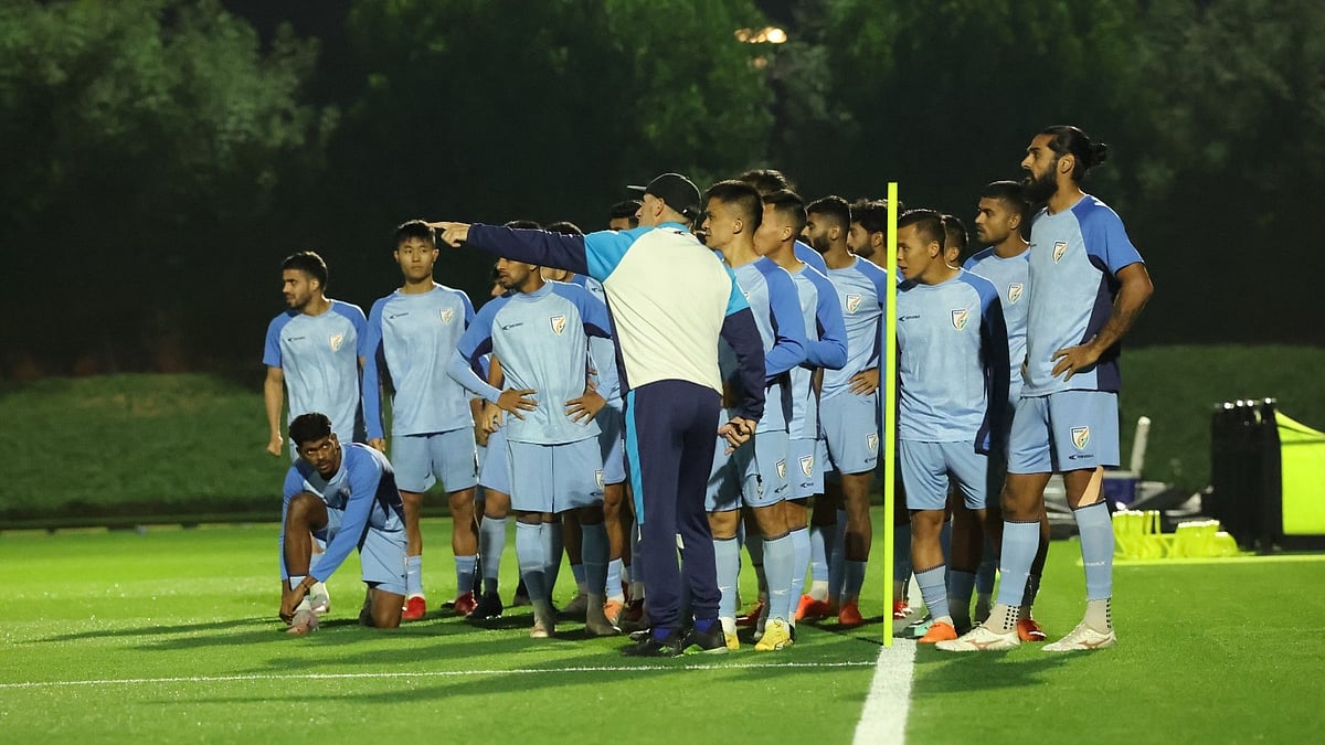 India's national football team, the Blue Tigers—pictured here at practice—face a challenging start against Australia in the AFC Asian Cup 2023 starting 13 January 2023 (photo: AIFF)