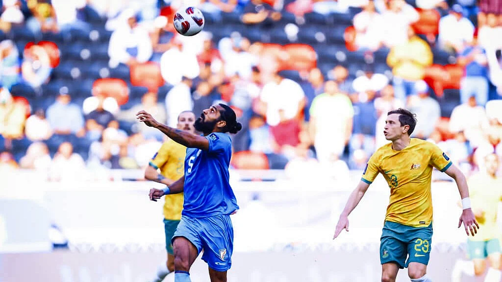 Central defender Sandesh Jhingan in action against Australia in India's first game (photo: AIFF)