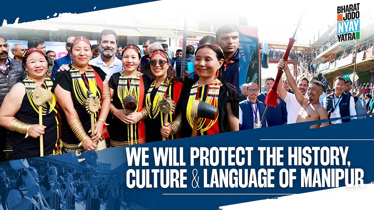 A social media poster shared by the Bharat Jodo Yatra Team includes photos of Rahul Gandhi with members of various tribal communities, men and women, with the legend 'We will protect the history, culture & language of Manipur' (photo courtesy @INCIndia/X)