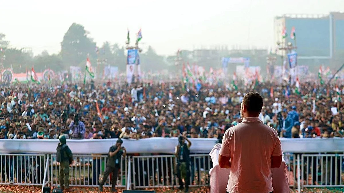 Congress leader Rahul Gandhi addresses the crowd at his Bharat Jodo Nyay Yatra rally in Purnea, Bihar (photo courtesy @bharatjodo/X)