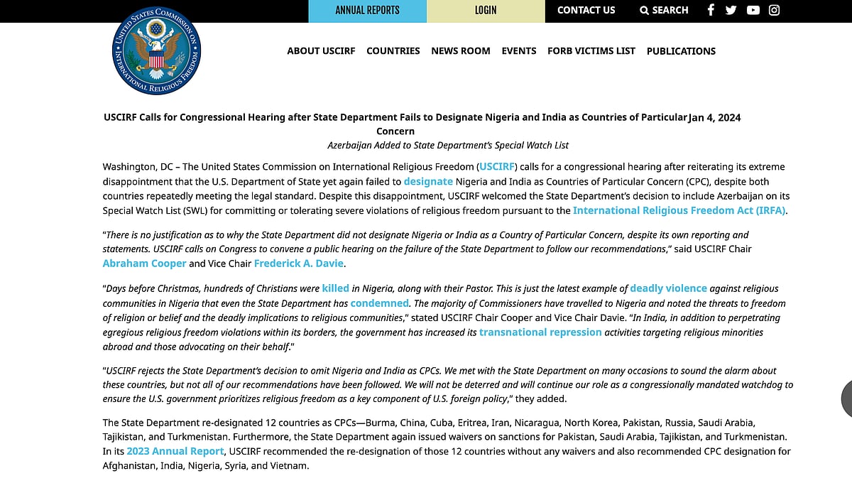 Screengrab from the USCIRF statement calling for a Congressional hearing on why India was not included in the US state department's list of Countries of Particular Concern with respect to religious freedoms (photo: National Herald)