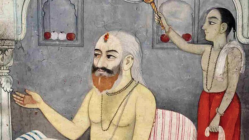 17th century painting of Tulsidas, author of the 'Ramcharitmanas' and  contemporary of Babar, he of the Babri Masjid fame. Yet he wrote of his ascetic life: 'maang ke khaibo, masit mein soibo (I beg for alms for my food and sleep in a mosque)'