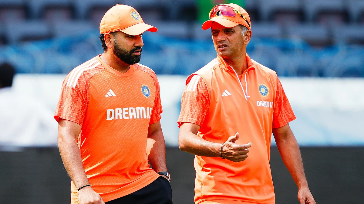 Captain Rohit Sharma (left) and coach Rahul Dravid at a practice session ahead of the first Ind-Eng Test (photo: BCCI)