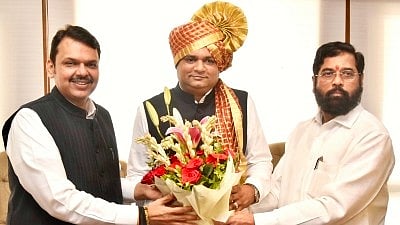 Maharashtra speaker Rahul Narwane (centre) with CM Eknath Shinde (right) and deputy CM Devendra Fadnavis