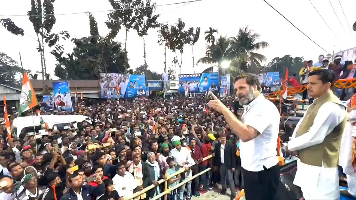Rahul gandhi addressing a crowd in Assam on Day 11 of the Bharat Jodo Nyay Yatra (screen grab from @RahulGandhi/X)