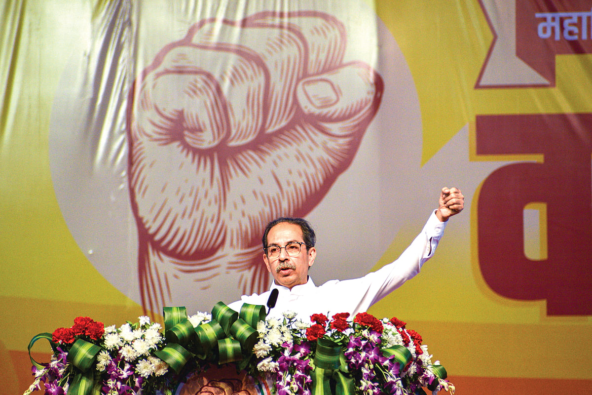 Uddhav Thackeray, chief of the Shiv Sena (UBT), raises a fist. He has his demons to slay too—including his own father's shadow (photo: National Herald archives) 