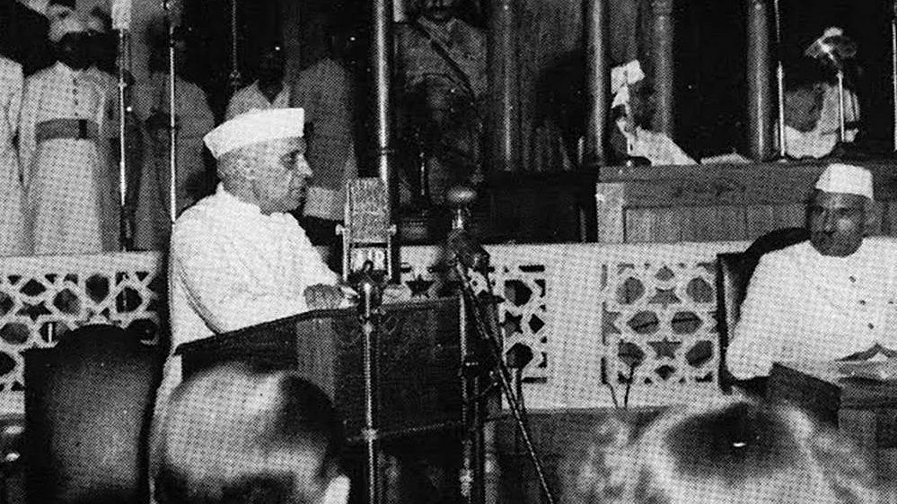 Jawaharlal Nehru making the famous 'tryst with destiny' speech in the Constituent Assembly 