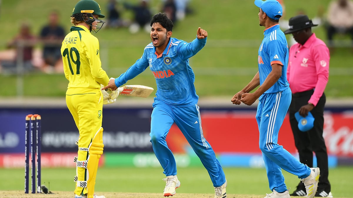 Saumy Kumar Pandey of India celebrates the wicket of Harjas Singh of Australia during the ICC U19 Men's Cricket World Cup South Africa 2024 Final between India and Australia at Willowmoore Park on February 11. (photo: ICC)