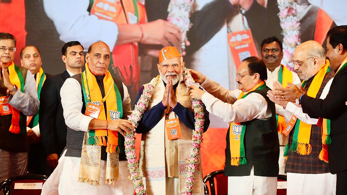 (From left) Rajnath Singh, Narendra Modi, J.P. Nadda and Amit Shah at the national convention