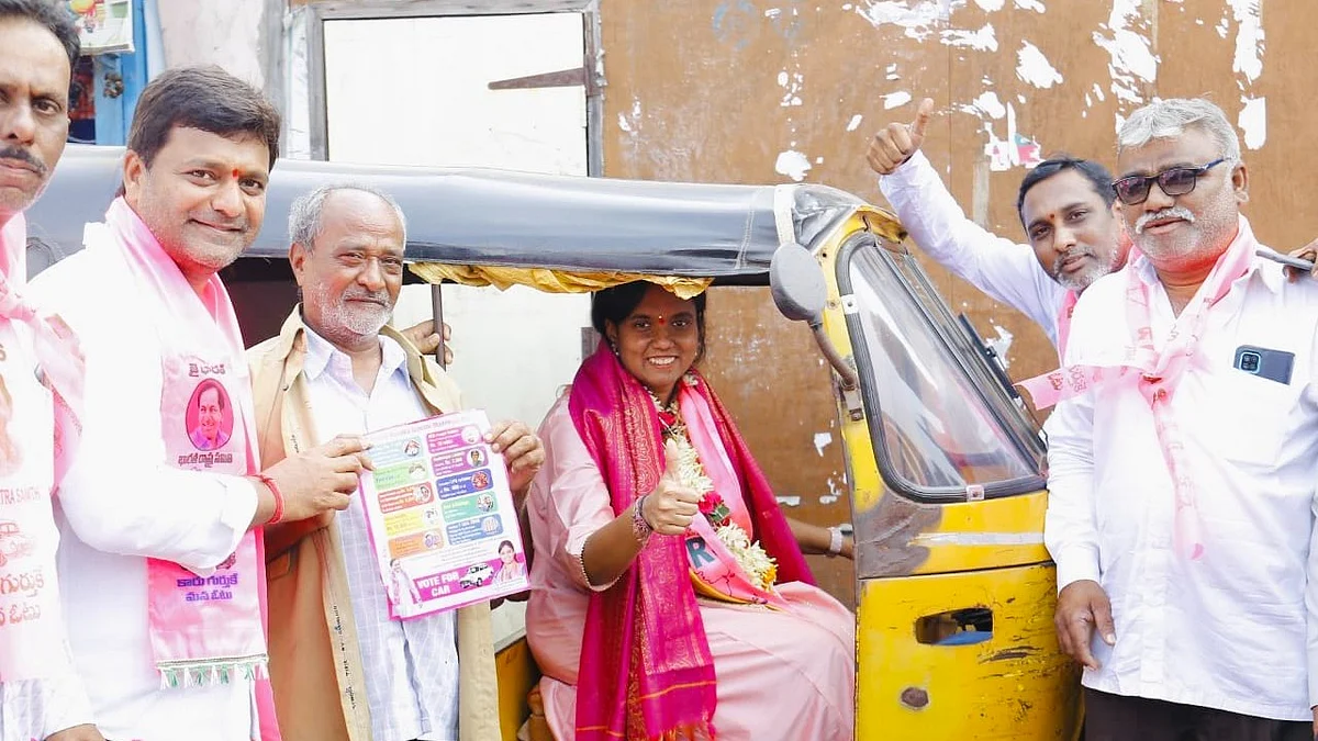A file photo of Secundrabad Cantonment MLA, G Lasya Nanditha campaigning in an autorickshaw during the 2023 Telangana elections (photo: @glasyananditha/X)