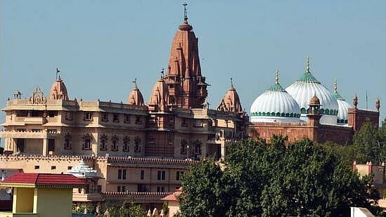 The Shahi Idgah Masjid (right) stands adjacent to the Krishna Janmabhoomi Temple, Mathura (photo courtesy @AskAnshul/X)