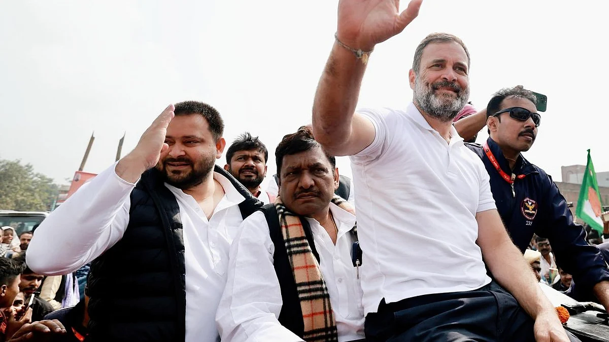 Rahul Gandhi with former Bihar deputy CM Tejashwi Yadav (far left) on the Bharat Jodo Nyaya Yatra in Bihar (photo: @bharatjodo/X)