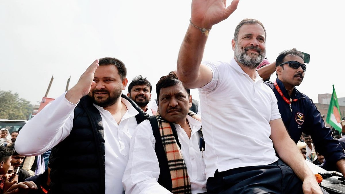 Rahul Gandhi with former Bihar deputy CM Tejashwi Yadav (far left) on the Bharat Jodo Nyaya Yatra in Bihar (photo: @bharatjodo/X)